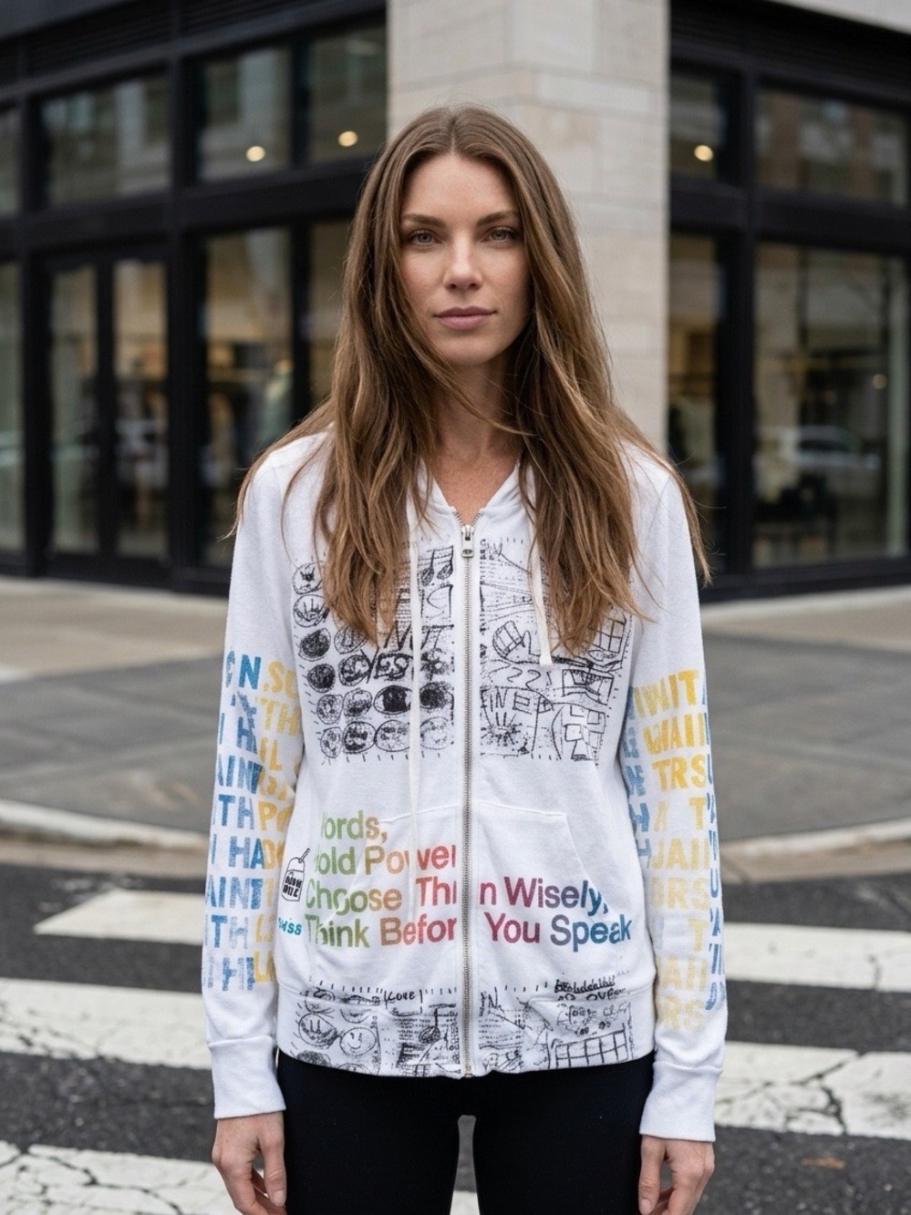 SnowMilk white zip hoodie with Multicolor Text